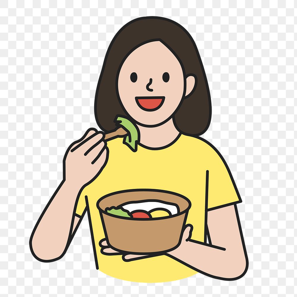 PNG Young woman eating delivery food sticker, transparent background