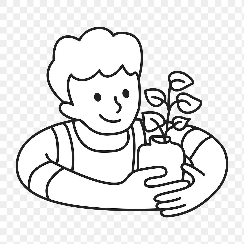 PNG Kid holding plant line drawing sticker, transparent background