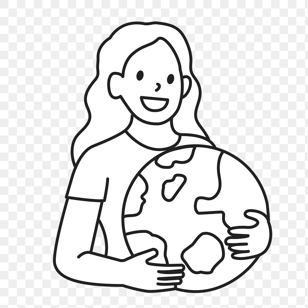 PNG Woman save the planet line drawing sticker, transparent background