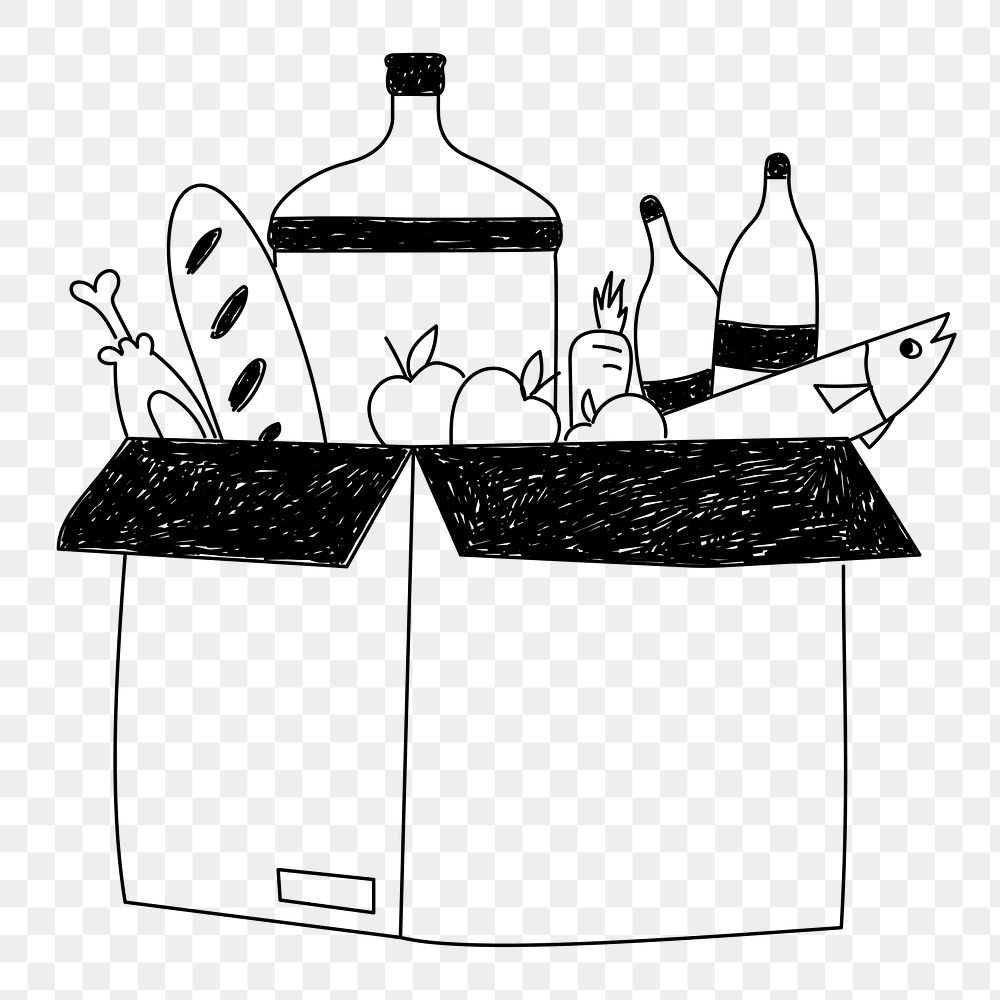 Grocery box png line art, transparent background