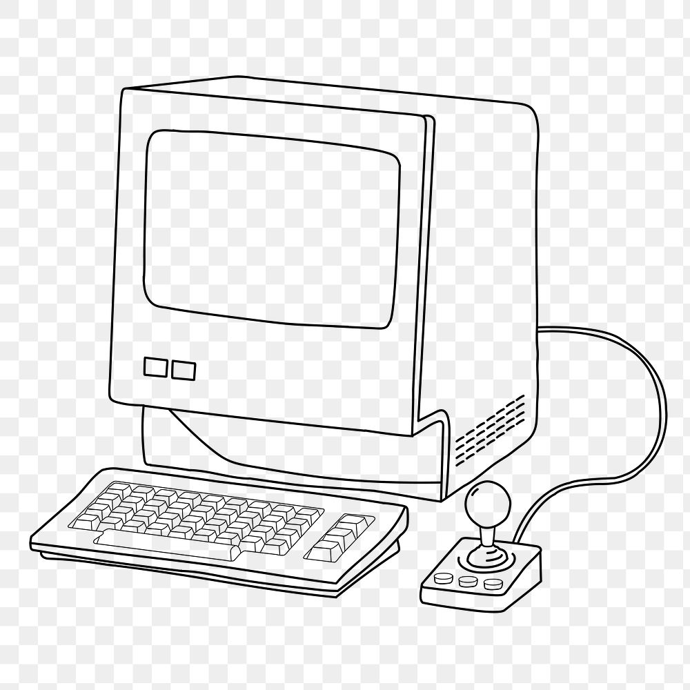 Vintage computer png line art, transparent background