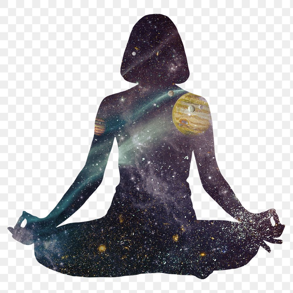 PNG Meditating woman, galaxy silhouette remix, transparent background