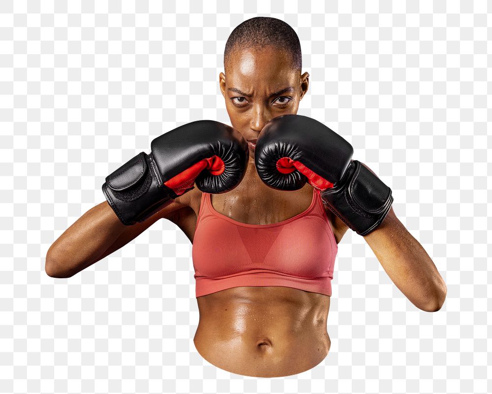 Png tough black female boxer, transparent background