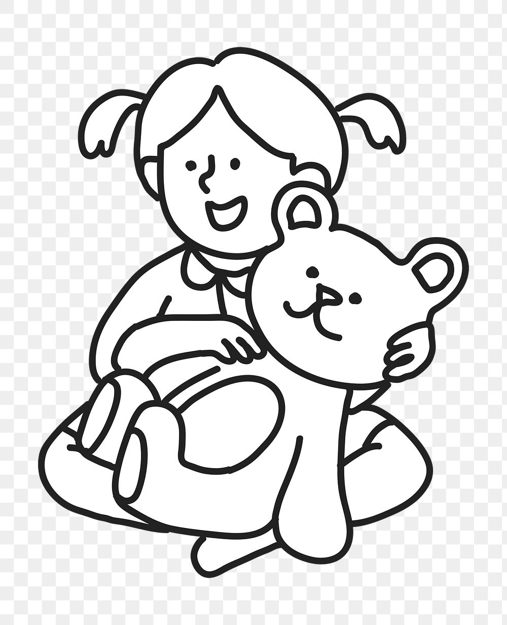 PNG Little girl with teddy bear line art sticker, transparent background