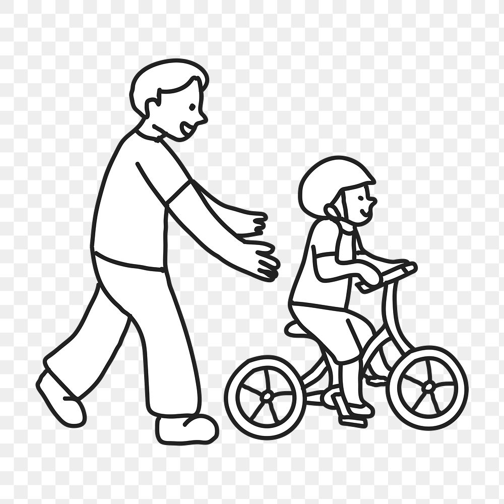 PNG  Father teaching son to ride a bicycle flat line, collage element, transparent background