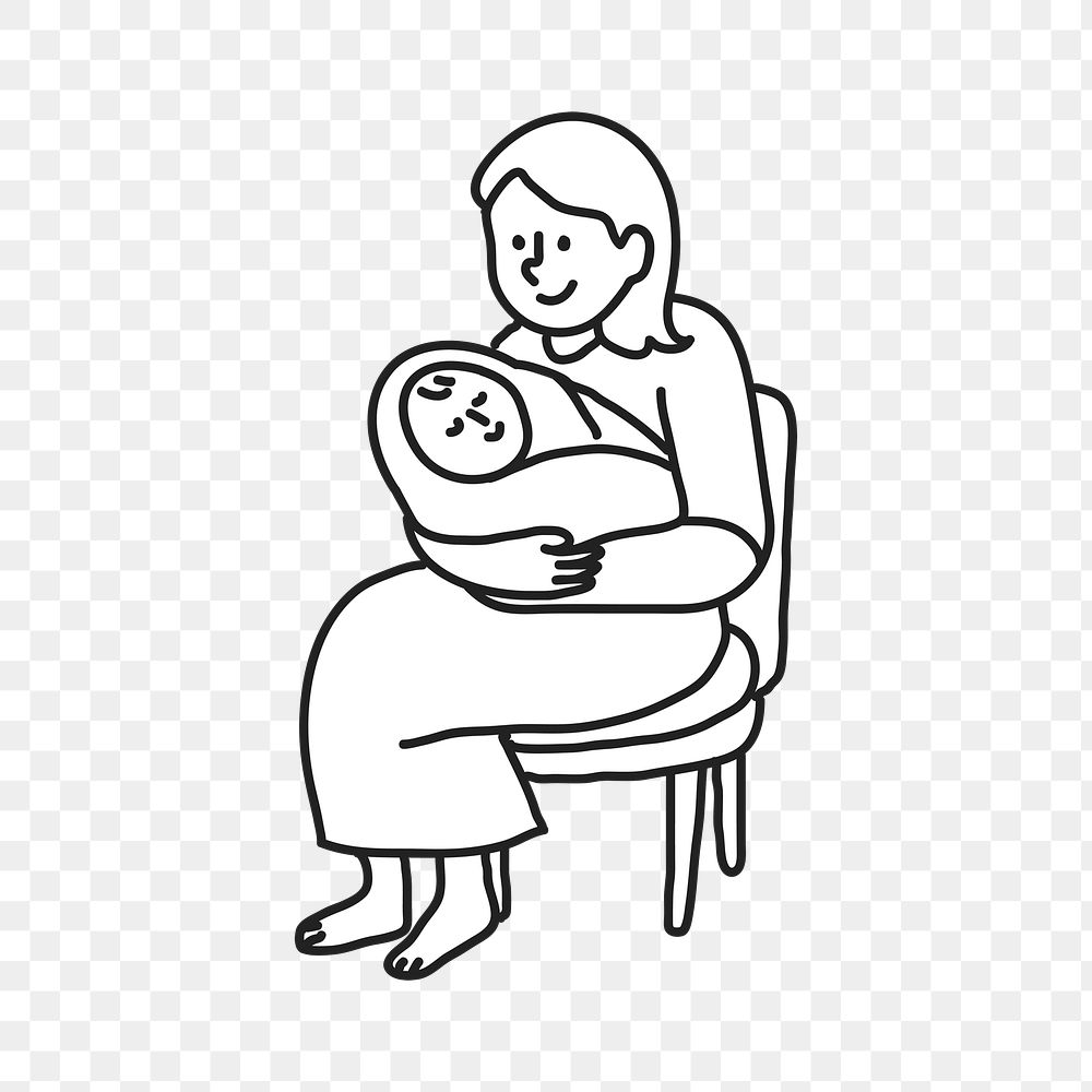 PNG Mother and baby line drawing, collage element, transparent background