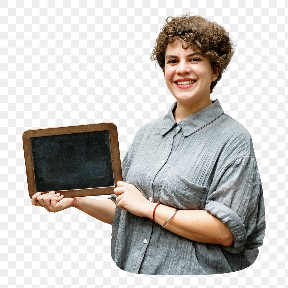 Woman holding sign png, transparent background