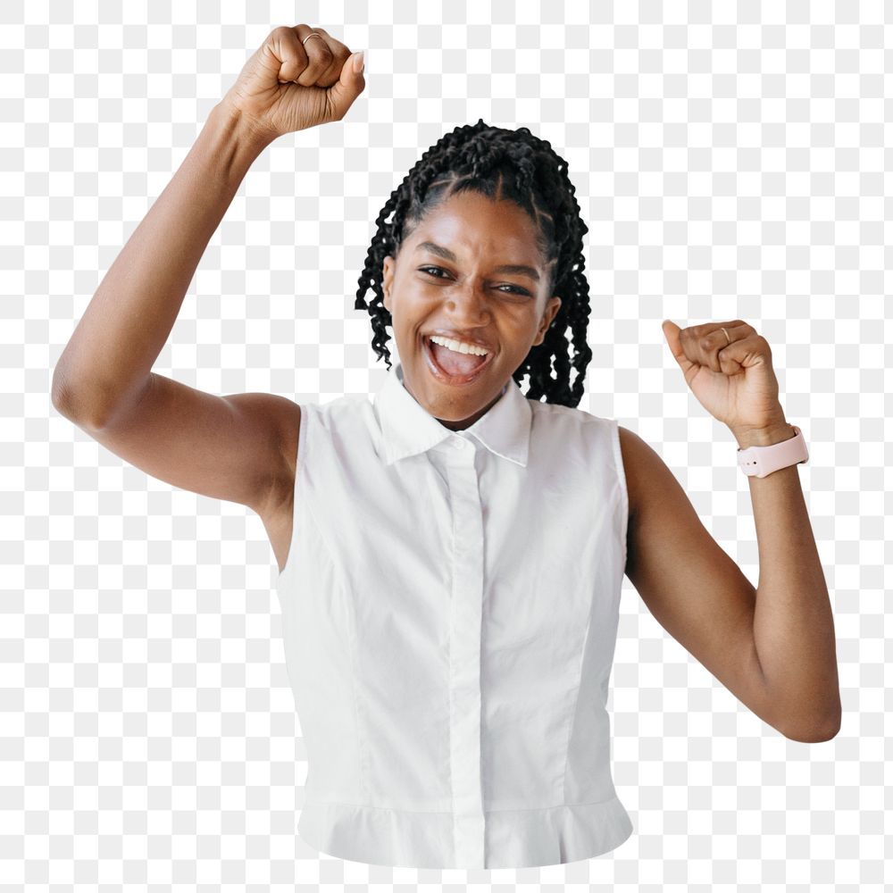 Cheering businesswoman png, transparent background