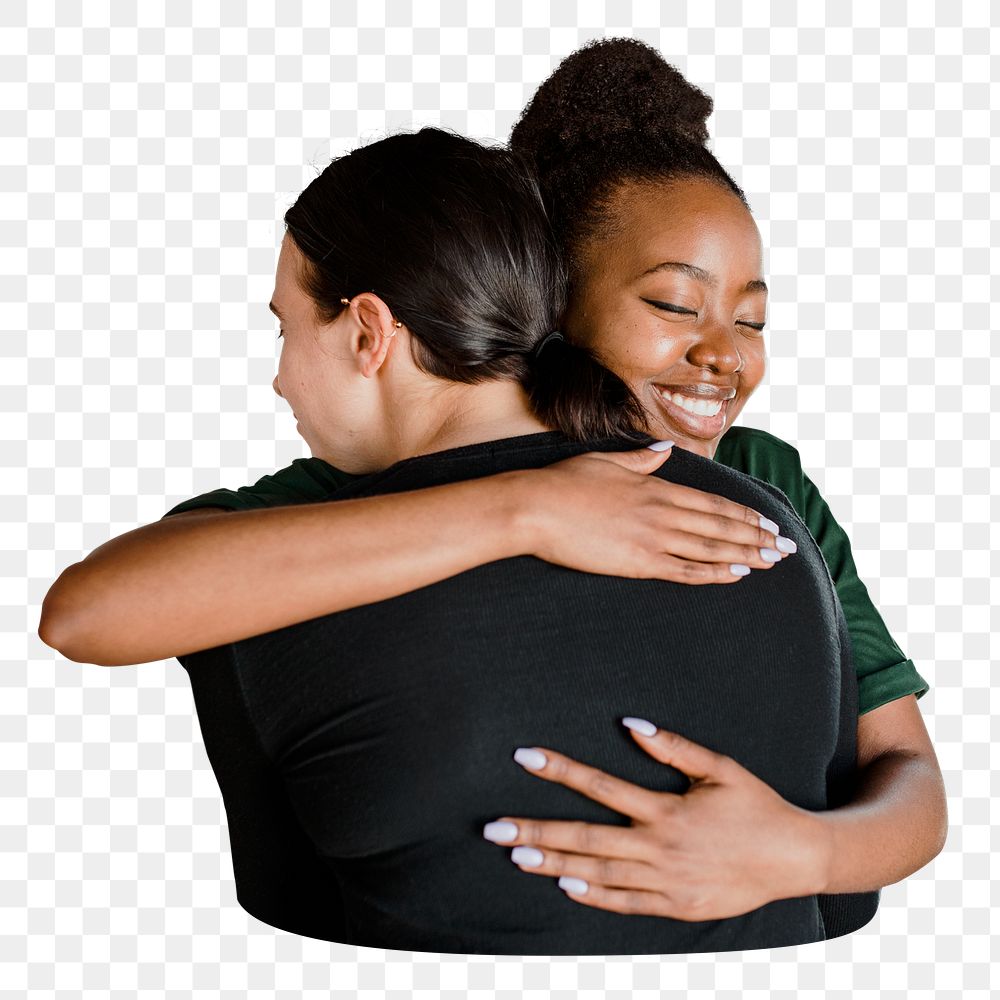 Women hugging each other png, transparent background
