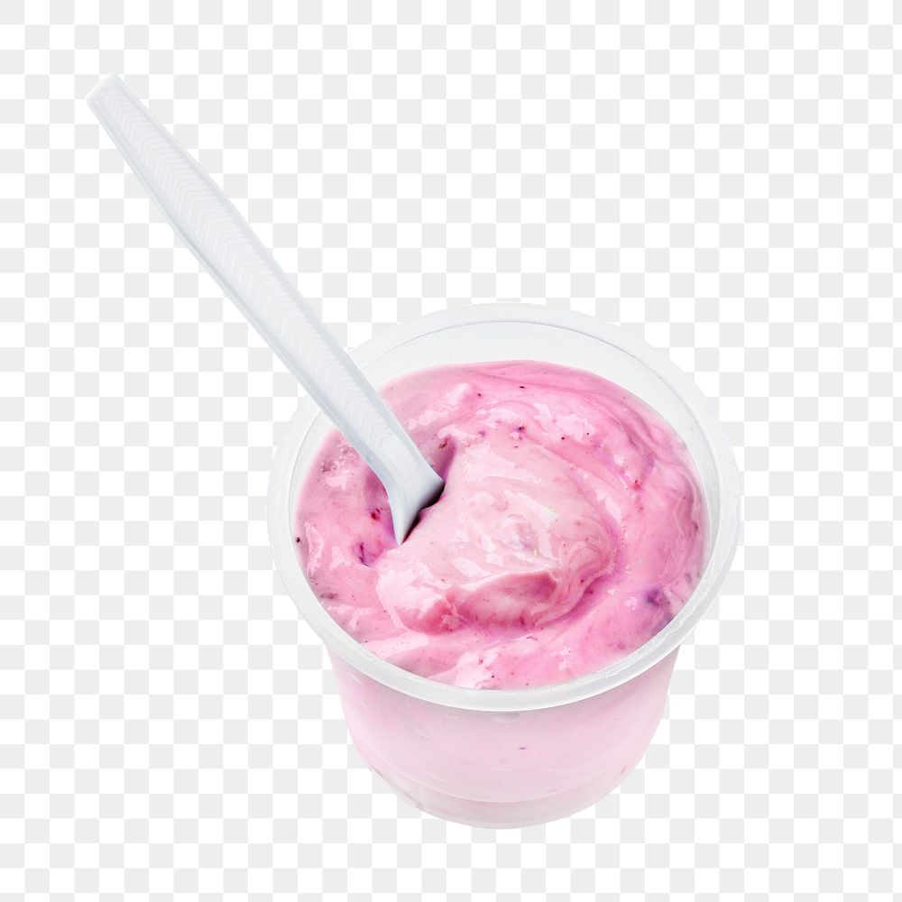 Png strawberry yogurt with spoon, transparent background