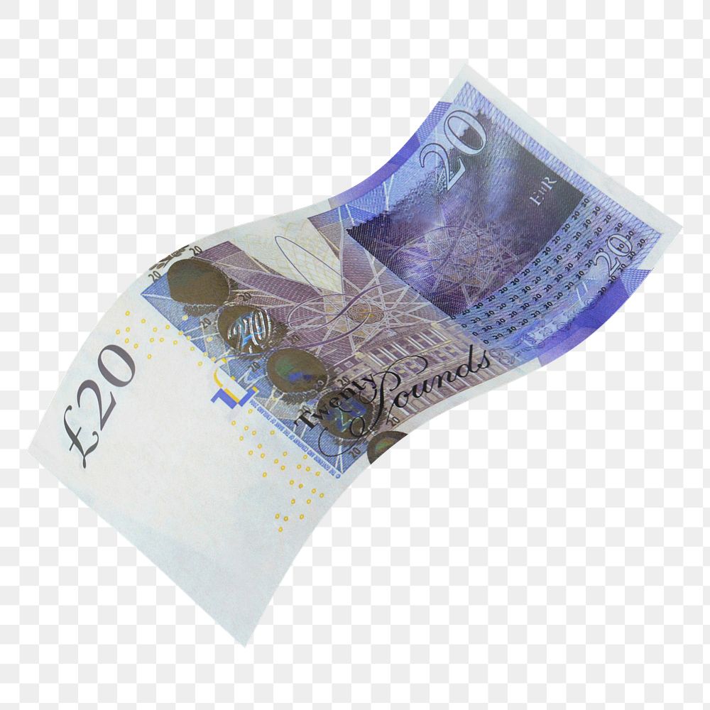 Png 20 British pounds bank note, transparent background