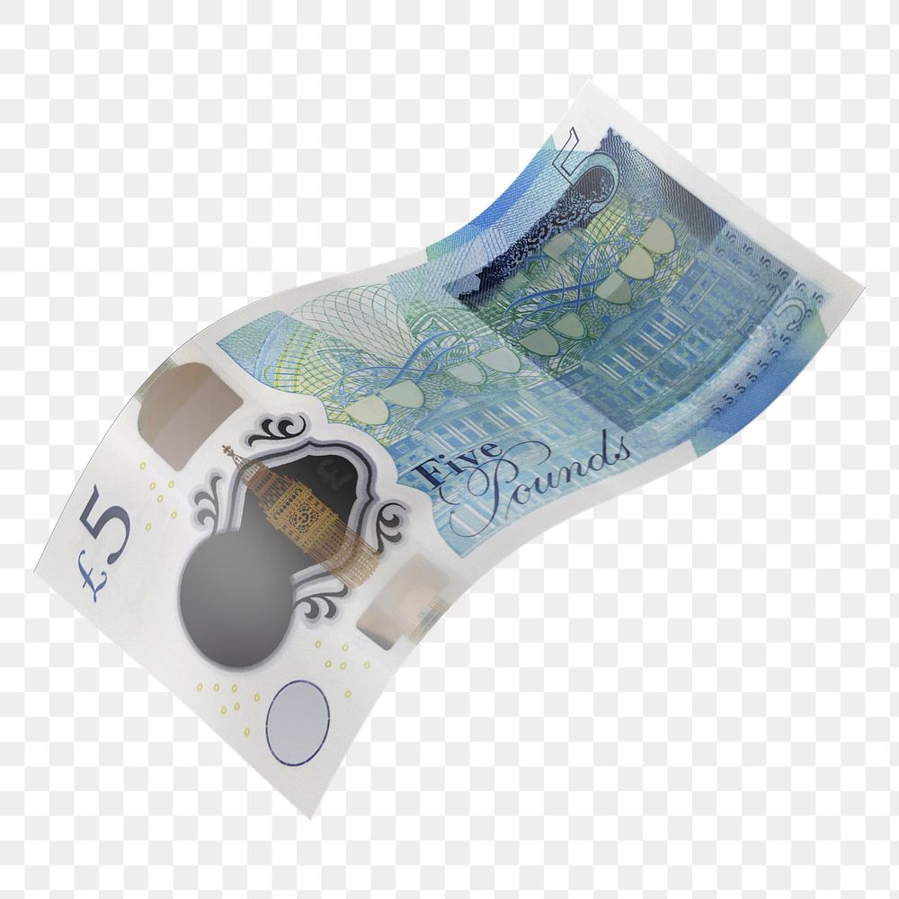 Png 5 British pounds bank note, transparent background