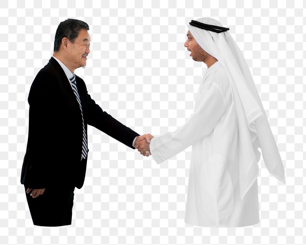 Png international business partners handshake, transparent background