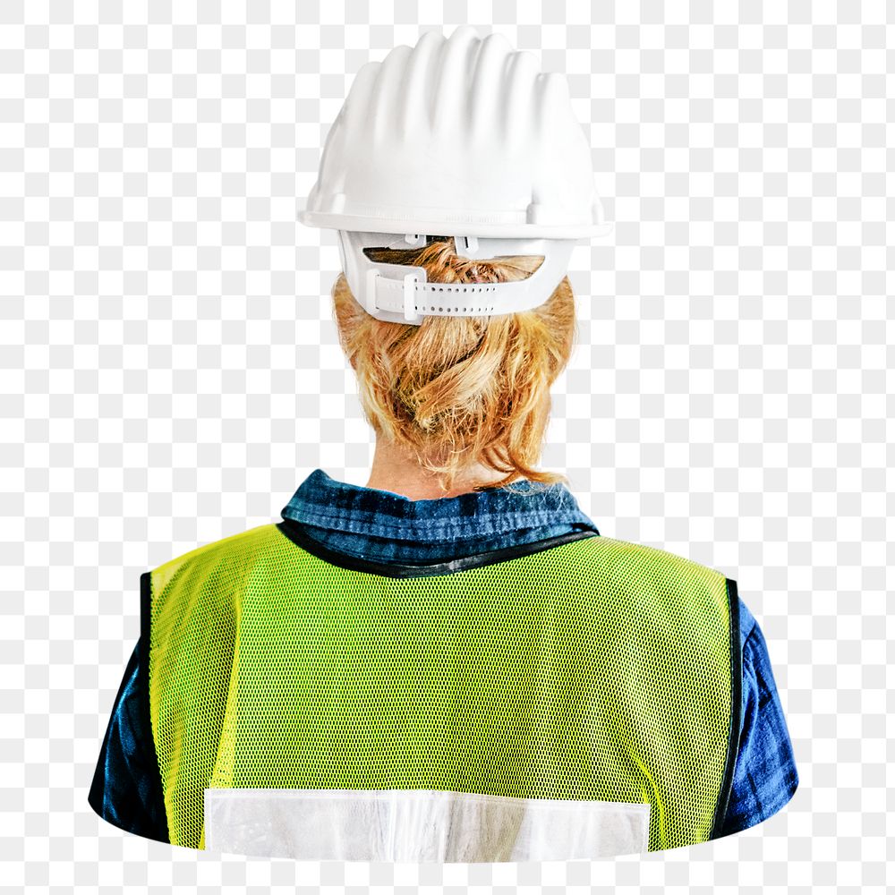 Png white hard hat on construction worker, transparent background