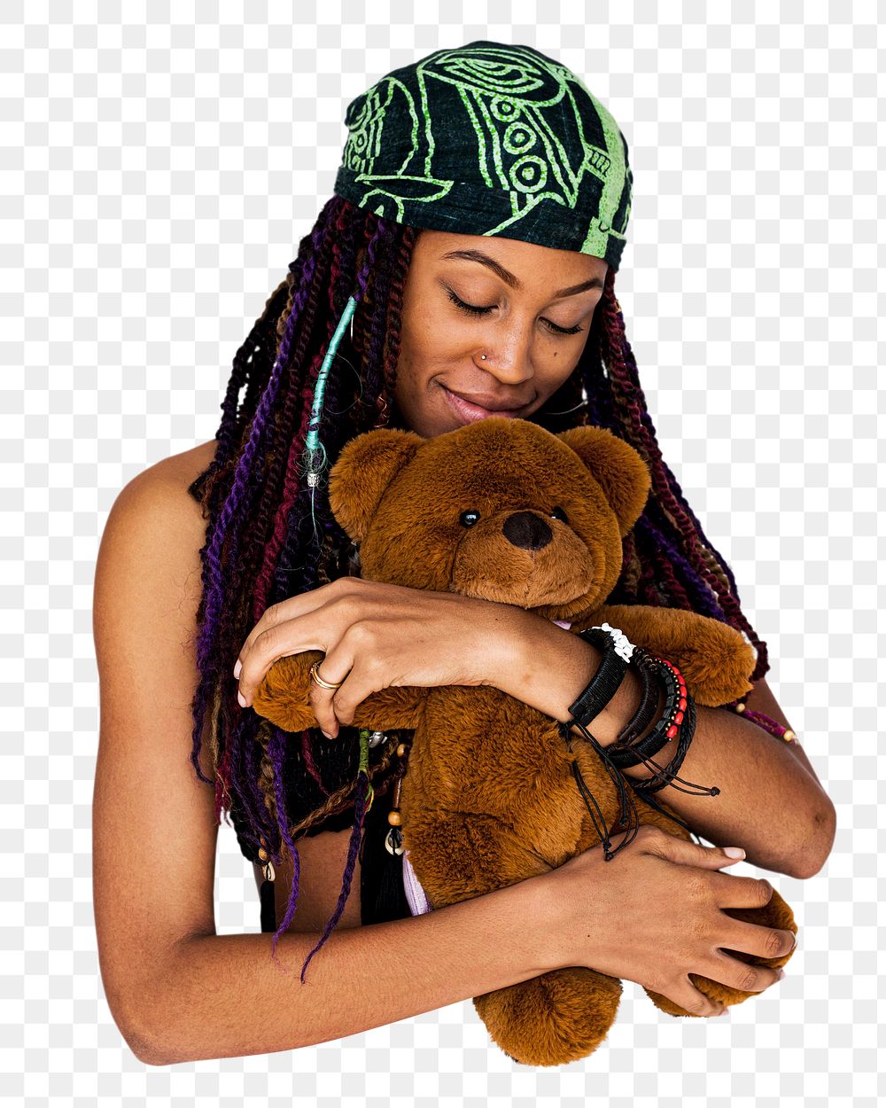 PNG woman hug teddy bear collage element, transparent background