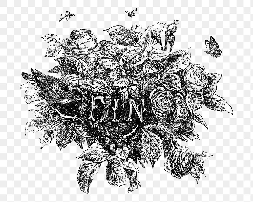 PNG FIN word, vintage rose bush illustration on transparent background  by François-Frédéric Grobon. Remixed by rawpixel.