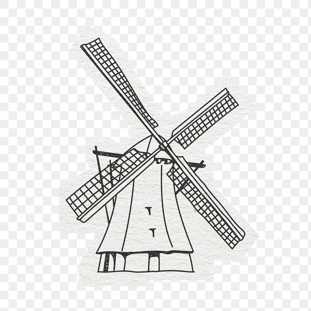 PNG Windmills in Netherlands, line art illustration, transparent background