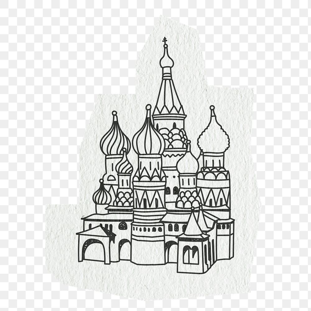 PNG St. Basil's Cathedral, Moscow famous location, line art illustration, transparent background