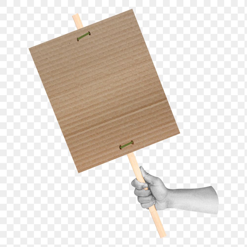 Png hand holding cardboard sign, transparent background