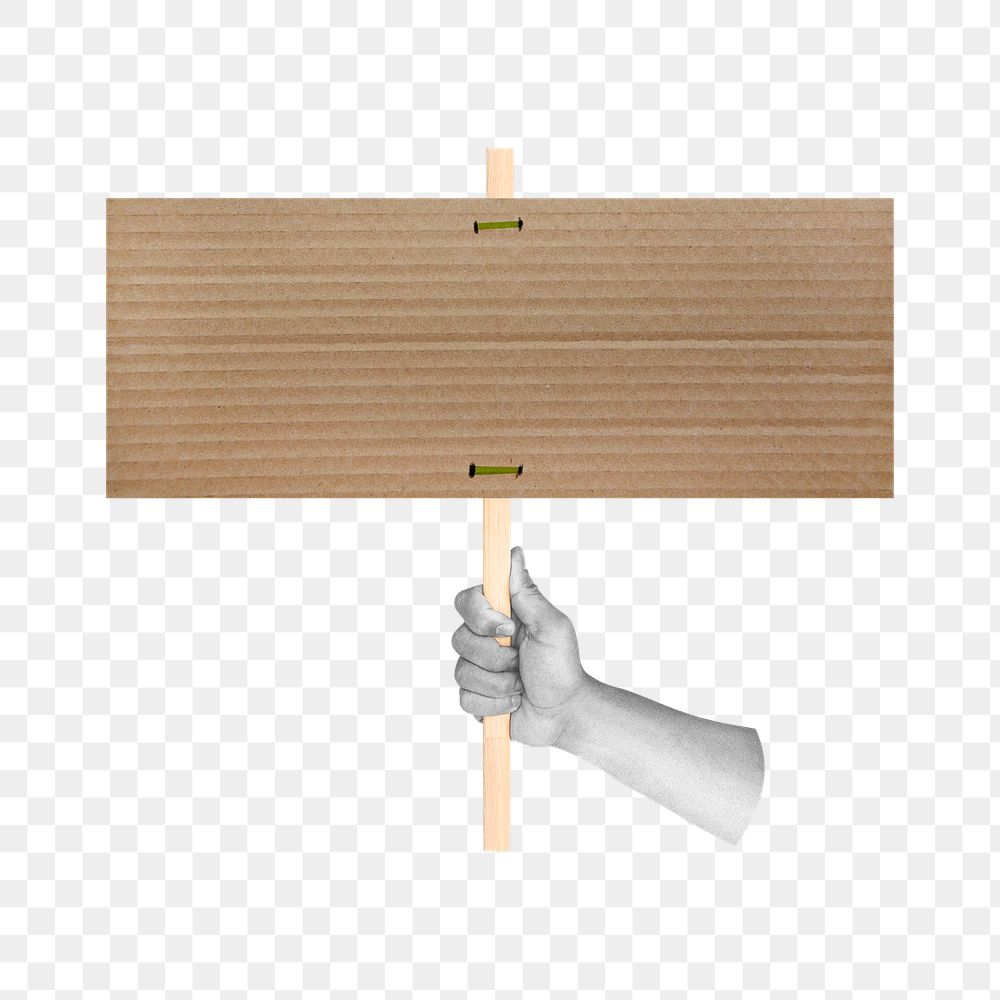 Png hand holding cardboard sign, transparent background