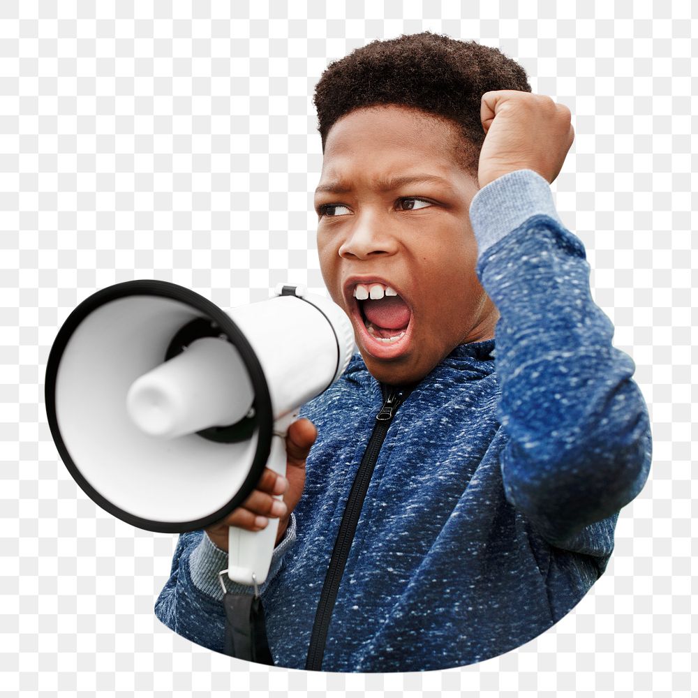 Png black boy shouting into megaphone, transparent background