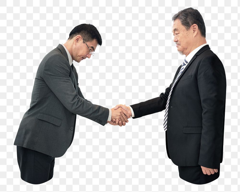 Png businessman greeting Asian boss, transparent background