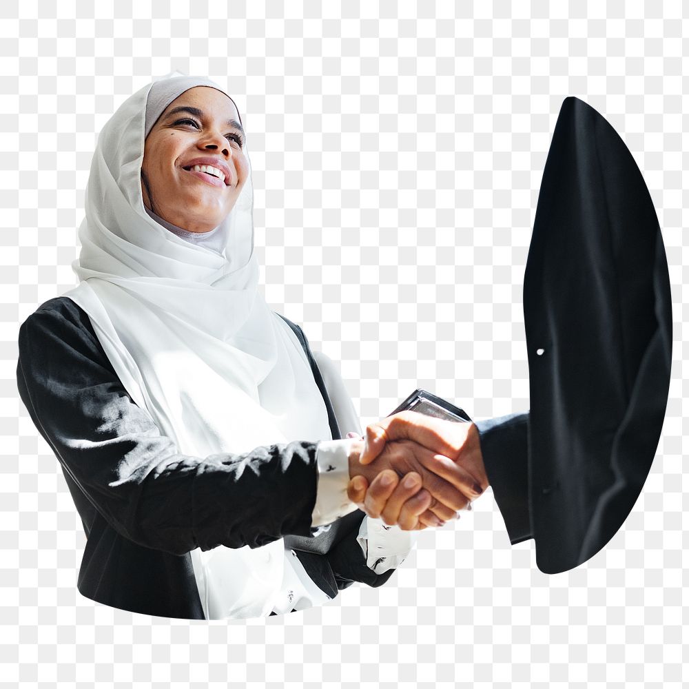 Png happy Islamic woman business handshake, transparent background