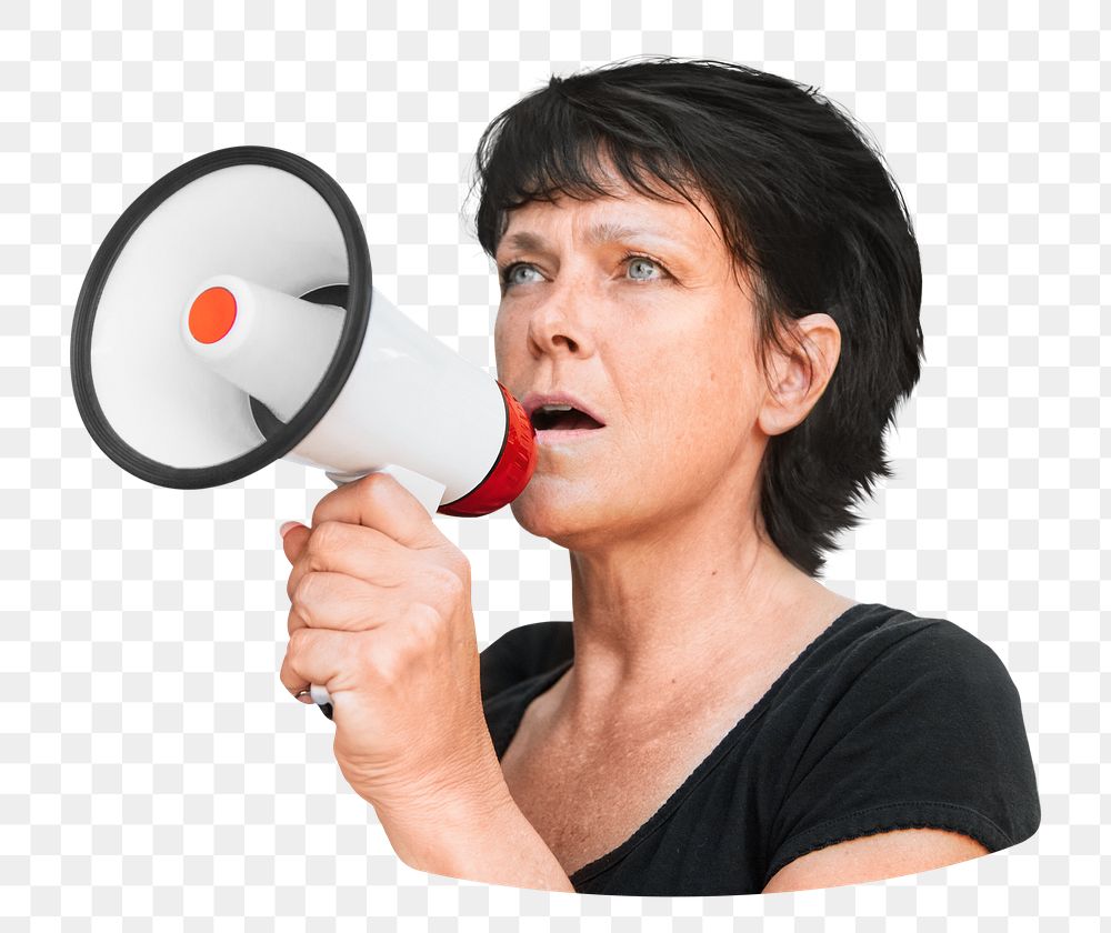 Png woman talking into megaphone, transparent background