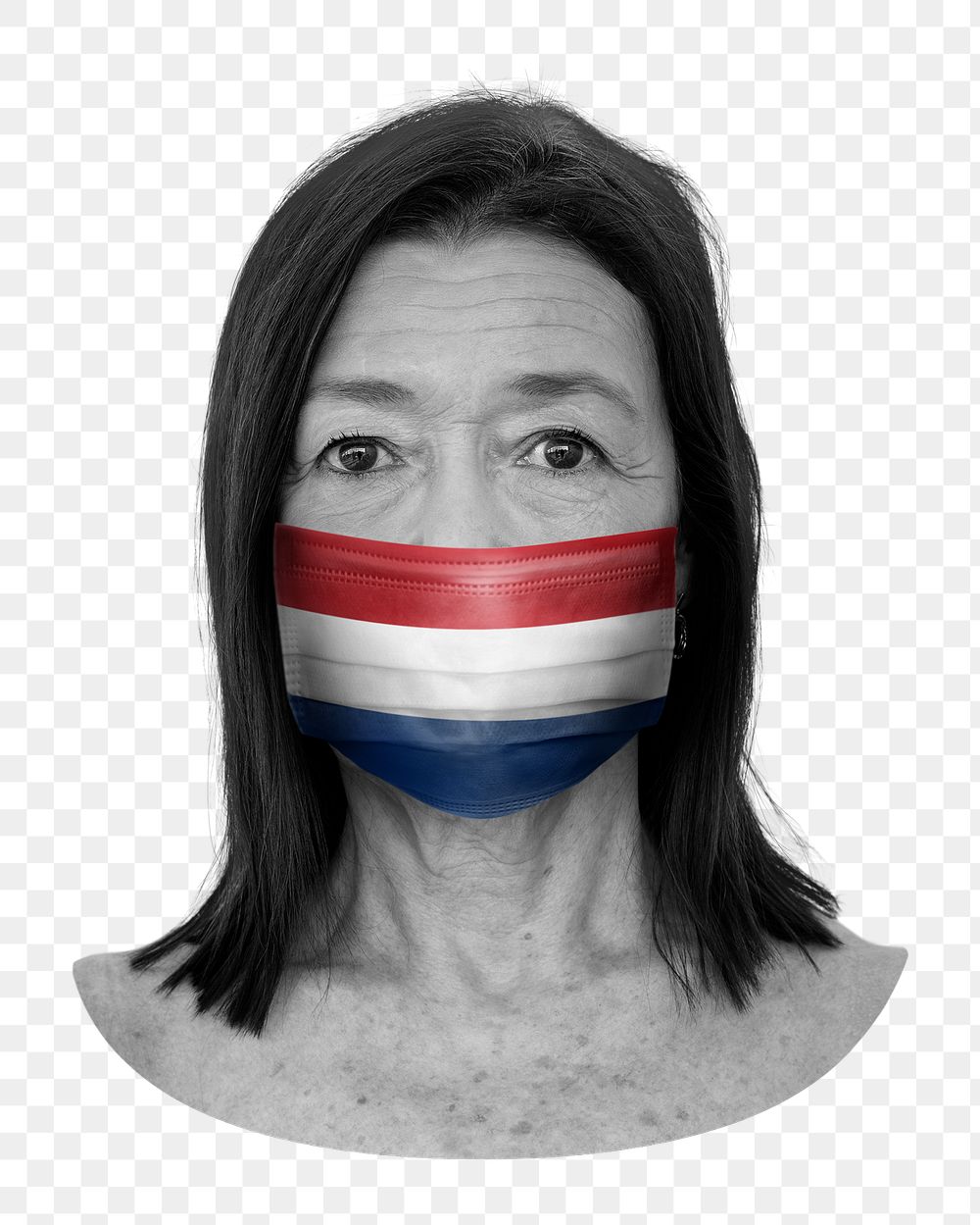 PNG woman wearing face mask, the Netherlands flag, collage element, transparent background