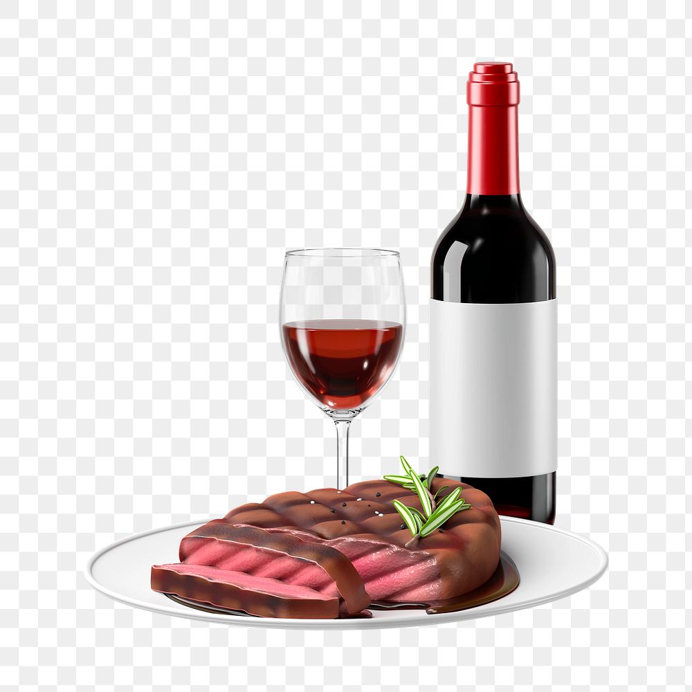 PNG 3D steak & wine dinner, element illustration, transparent background