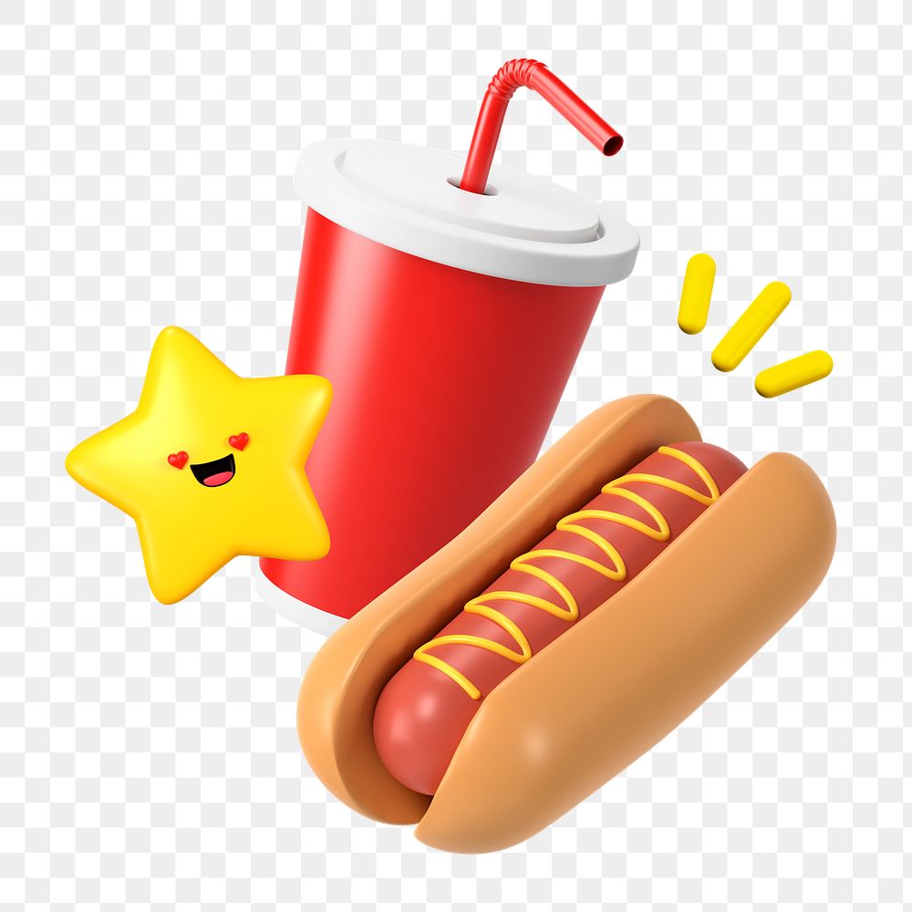 PNG 3D hotdog and soda cup, element illustration, transparent background