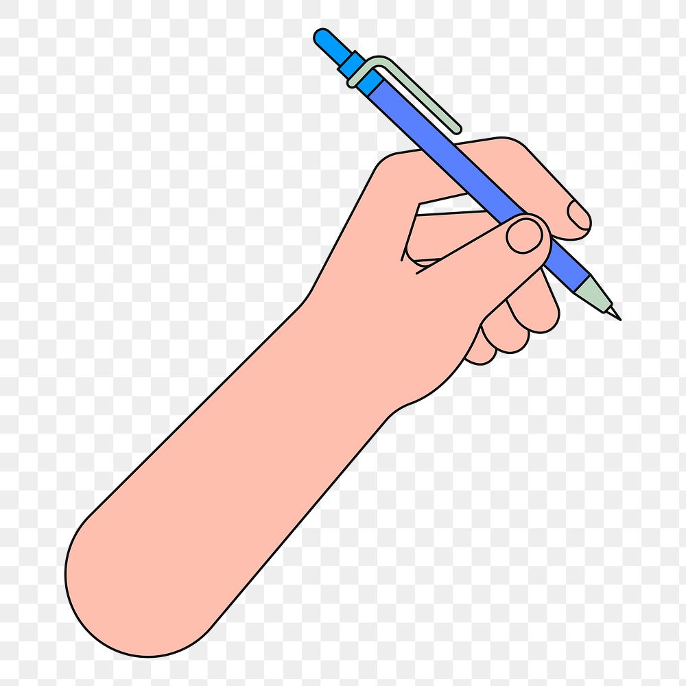 Png left hand holding pen illustration, transparent background
