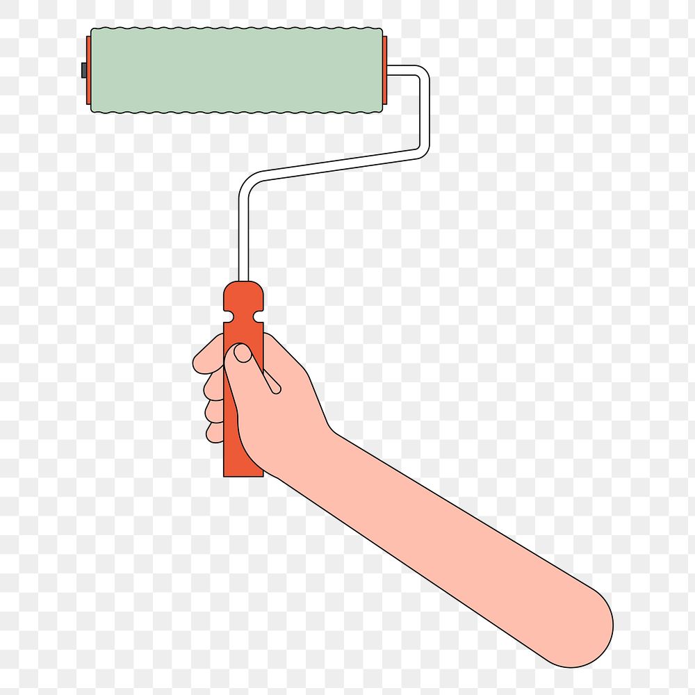 Png hand holding short painting roller illustration,  transparent background