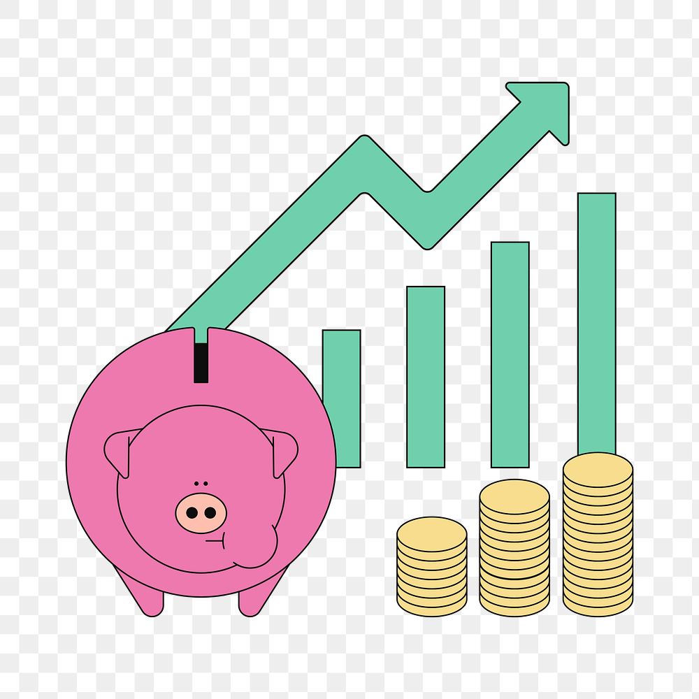 PNG Piggy bank, rising bar charts, finance illustration, transparent background