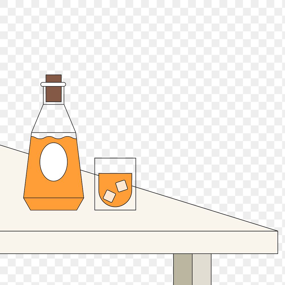 PNG Whiskey bottle on table, corner graphic, transparent background