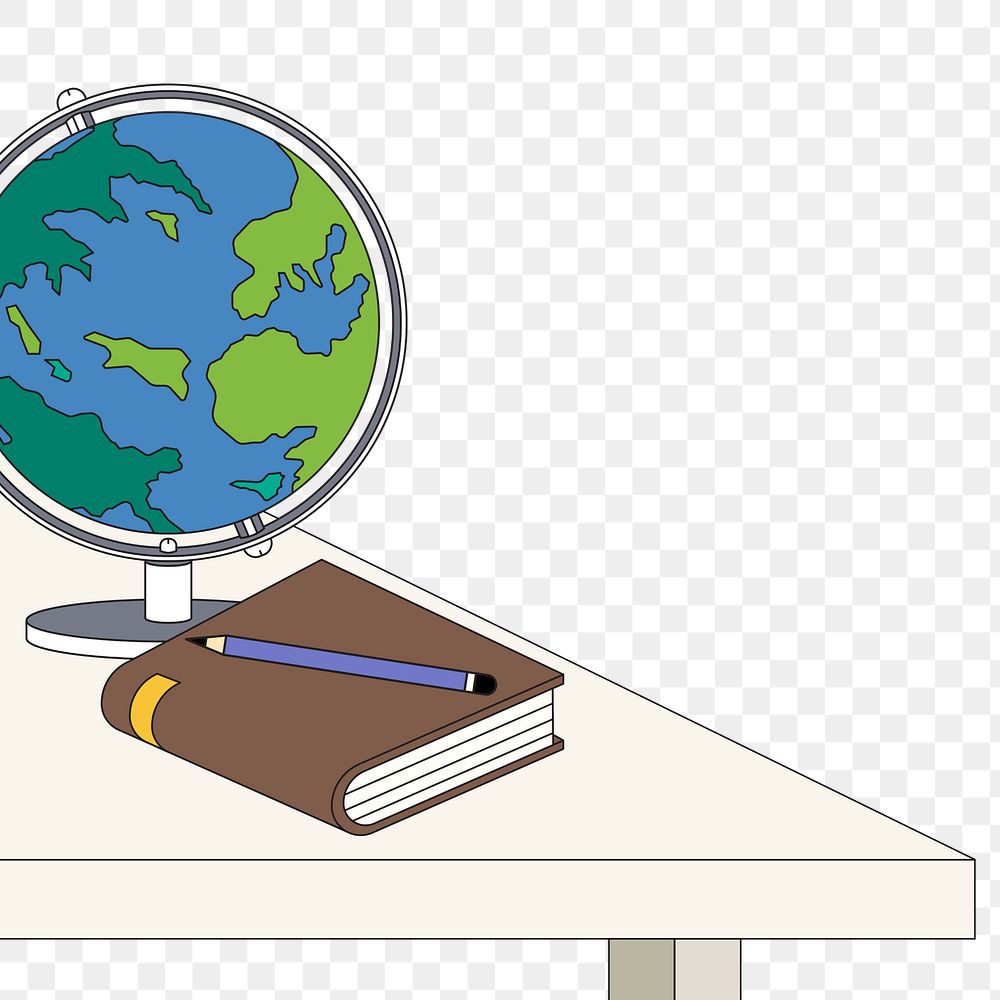 Png desk with globe and stationary illustration, transparent background