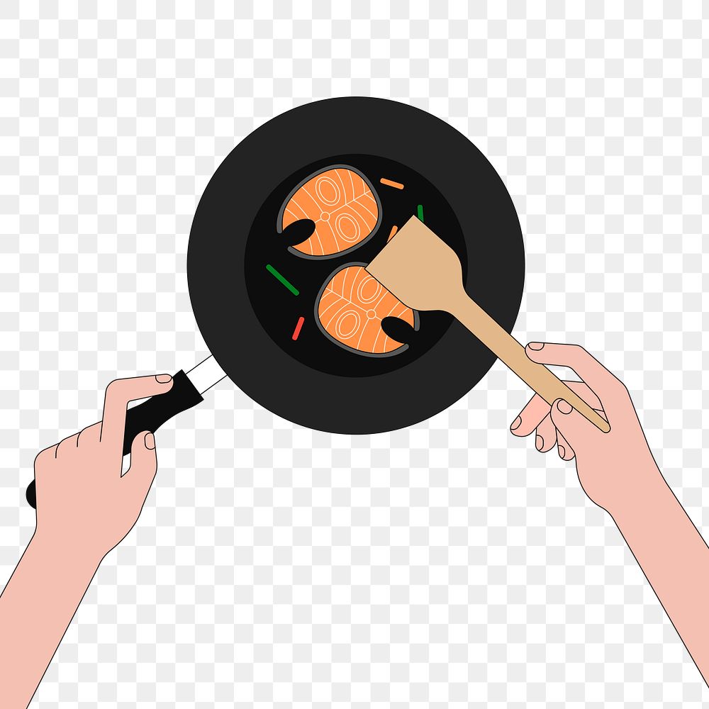 Png frying pan with fish slices illustration, transparent background