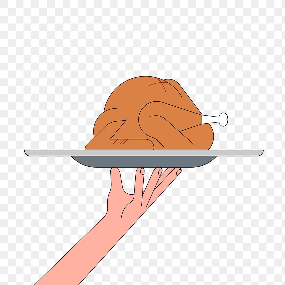 Png hand holding tray with turkey illustration, transparent background
