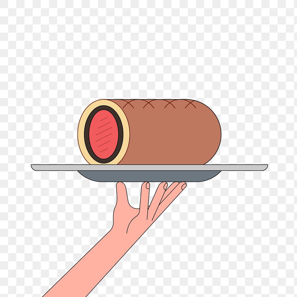 Png hand holding tray with beef wellington illustration, transparent background