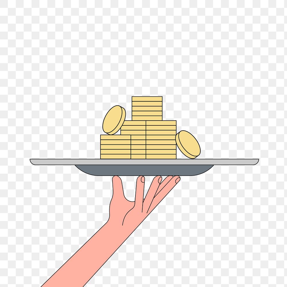 PNG Hand serving stacked coins, finance illustration, transparent background
