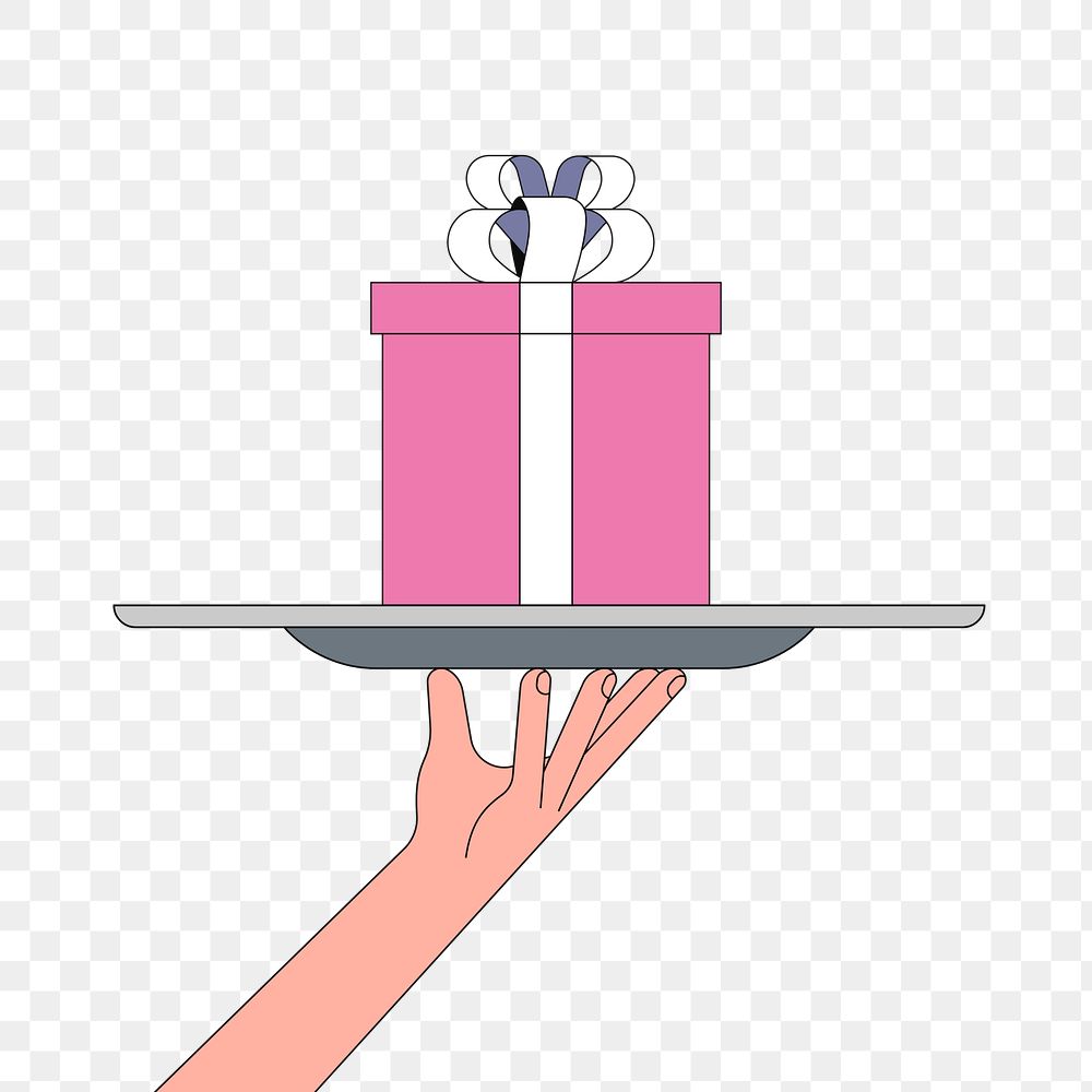 PNG Hand serving gift box, flat illustration, transparent background