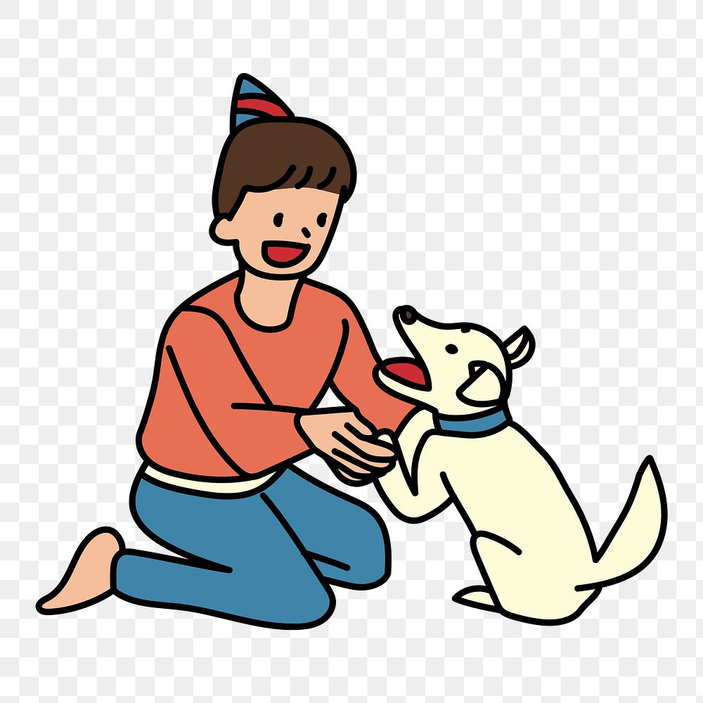 Png boy playing with puppy doodle, transparent background