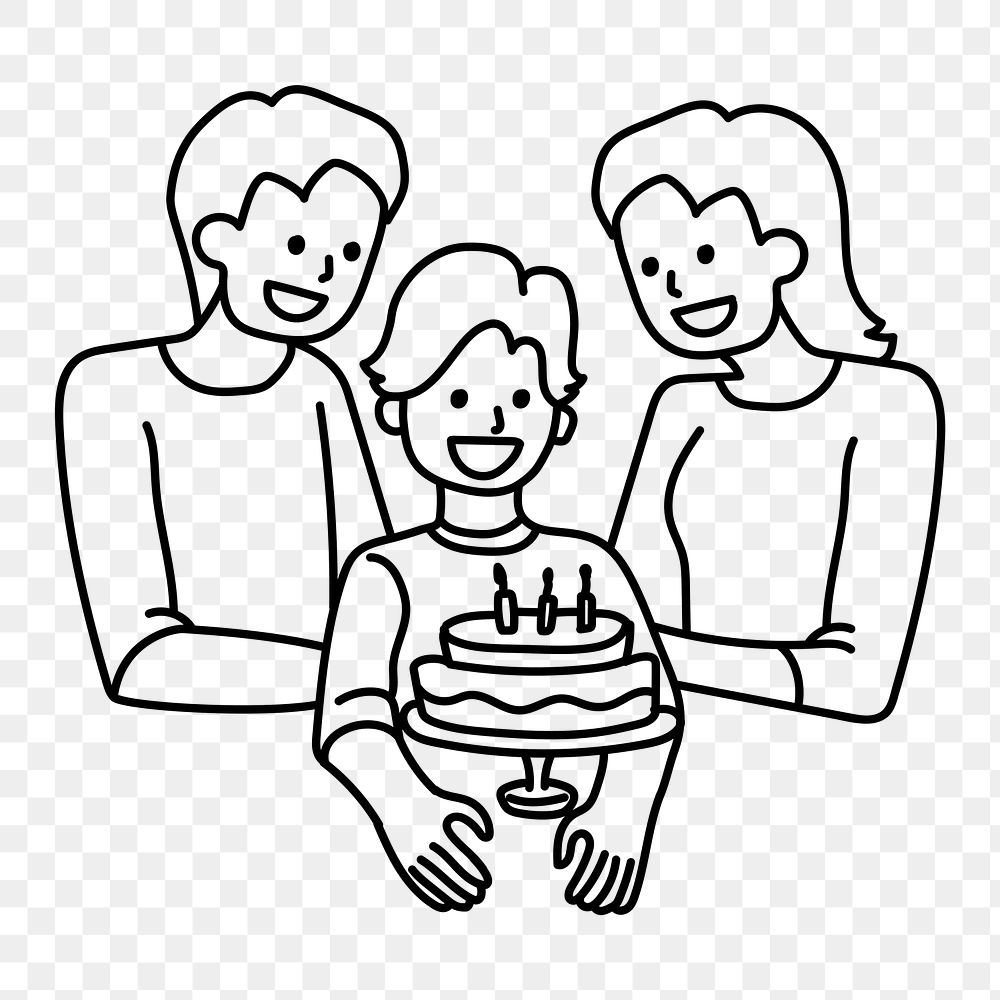 Png family celebrating son's birthday doodle, transparent background