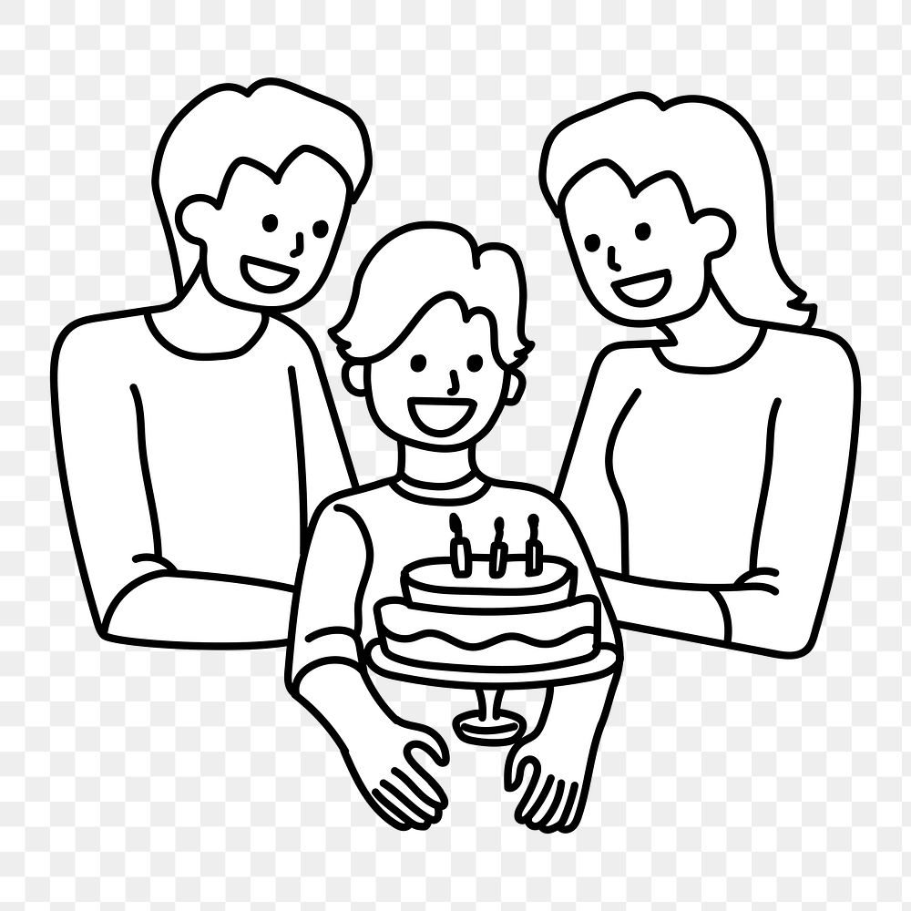 Png family celebrating son's birthday doodle, transparent background