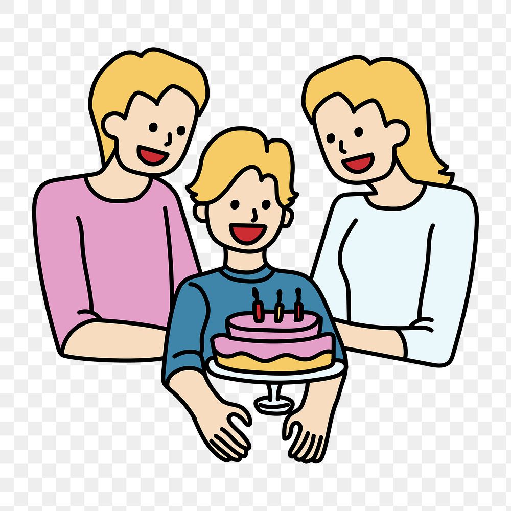 Png family celebrating son's birthday doodle, transparent background