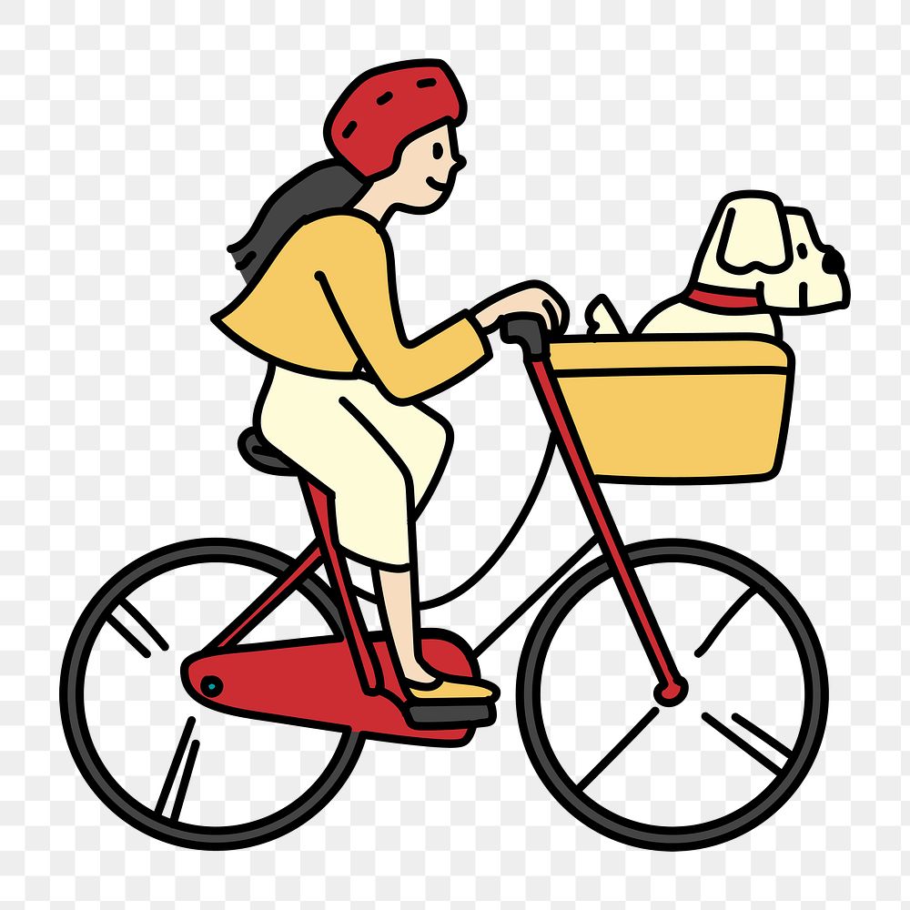 Png woman bicycling with dog doodle, transparent background