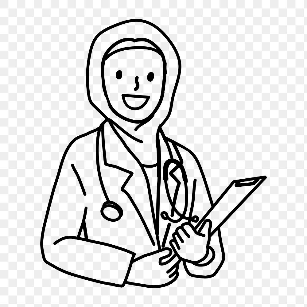 Png female Muslim doctor doodle, transparent background