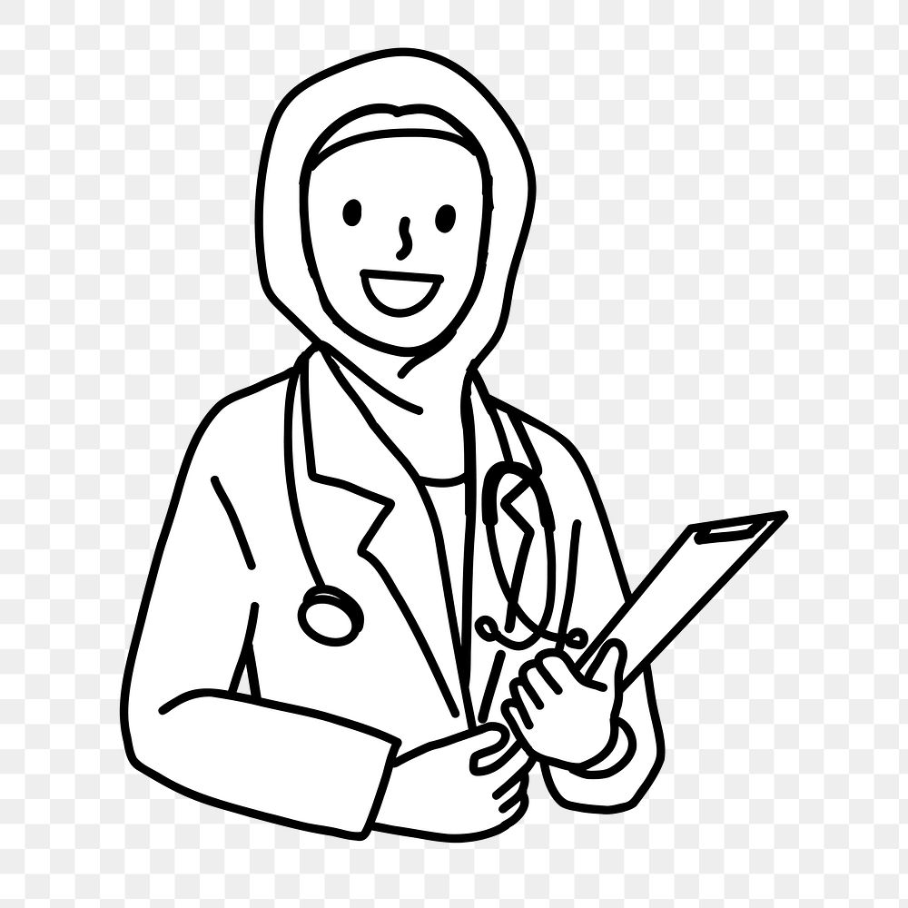 Png female Muslim doctor doodle, transparent background