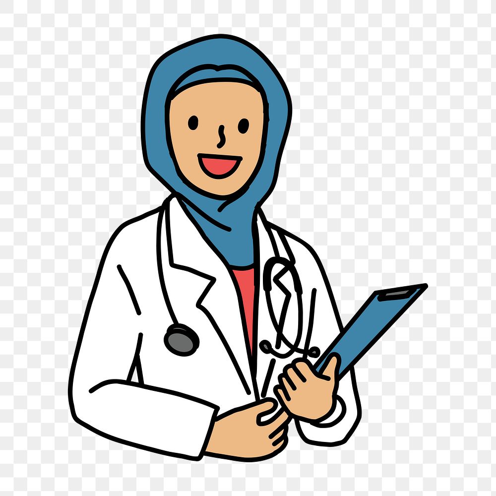 Png female Muslim doctor doodle, transparent background