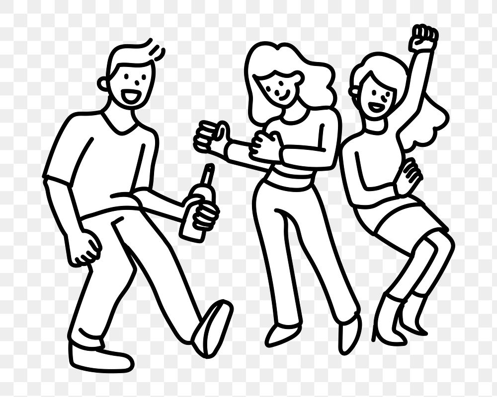 Png people dancing with drinks doodle, transparent background